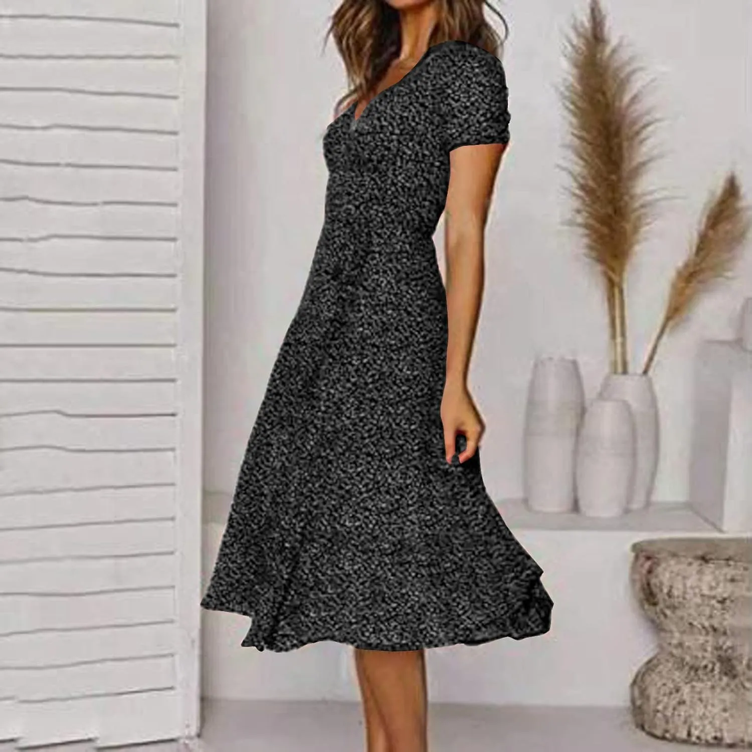 Womens 2024 Summer Dresses Polka Dot Short Sleeve V Neck Tunic Dress A-line Loose Casual Flowy Dress Beach Vacation Dress