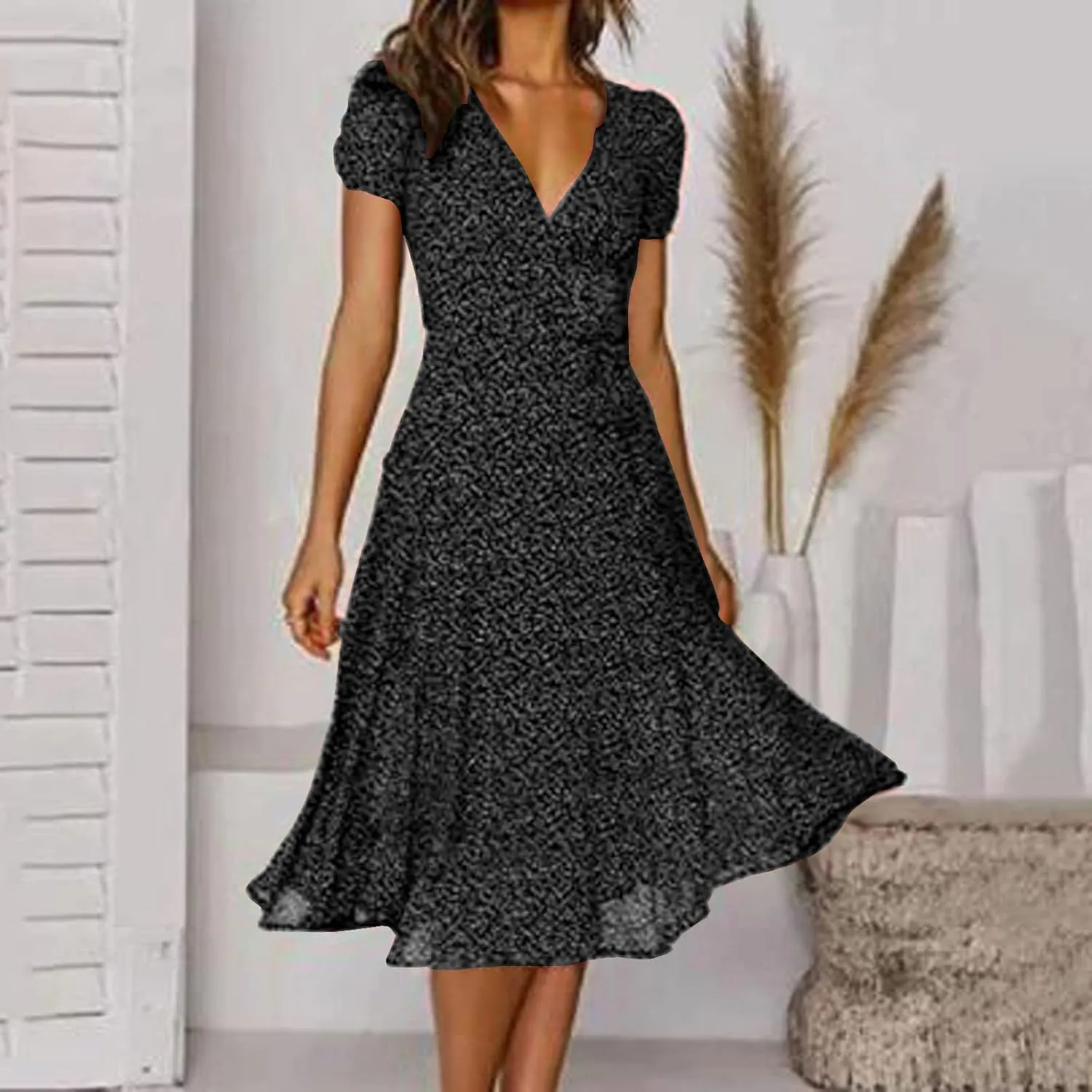 Womens 2024 Summer Dresses Polka Dot Short Sleeve V Neck Tunic Dress A-line Loose Casual Flowy Dress Beach Vacation Dress