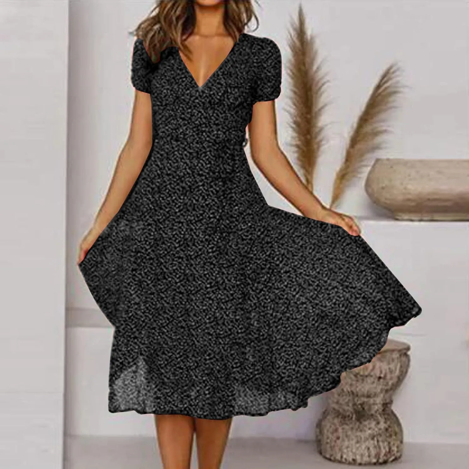 Womens 2024 Summer Dresses Polka Dot Short Sleeve V Neck Tunic Dress A-line Loose Casual Flowy Dress Beach Vacation Dress