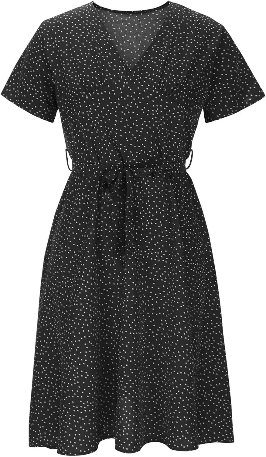 Womens 2024 Summer Dresses Polka Dot Short Sleeve V Neck Tunic Dress A-line Loose Casual Flowy Dress Beach Vacation Dress