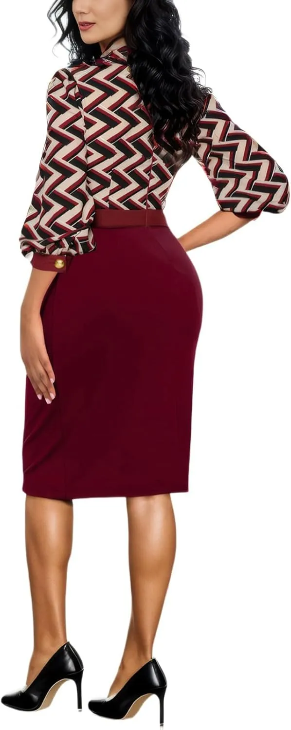 Women's Business Pencil Dress Elegant Tie Neck Colorblock Midi Office Work Sheath Dress