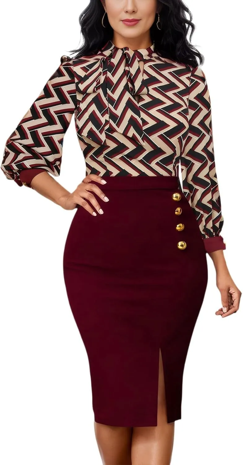 Women's Business Pencil Dress Elegant Tie Neck Colorblock Midi Office Work Sheath Dress