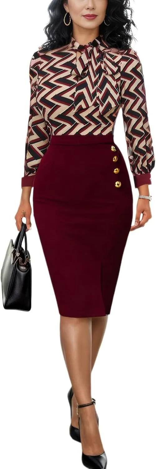 Women's Business Pencil Dress Elegant Tie Neck Colorblock Midi Office Work Sheath Dress