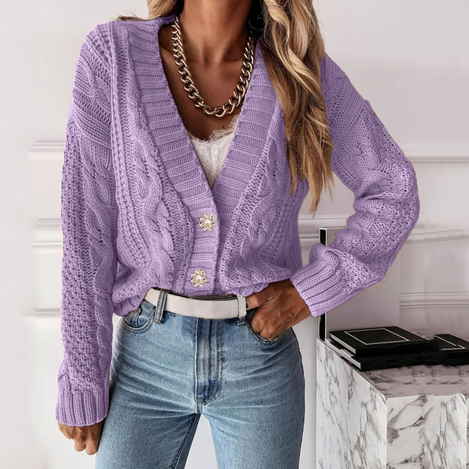 Womens Chunky Knit Sweater Cardigans Comfy Soft V Neck Butotn Down Long Sleeve Jackets Loose Outerwear Fall Outfits