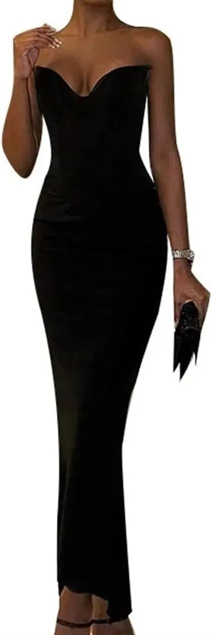Women's Corset Dress Strapless Elegant V Neck Backless Bodycon Evening Party Long Maxi Dress
