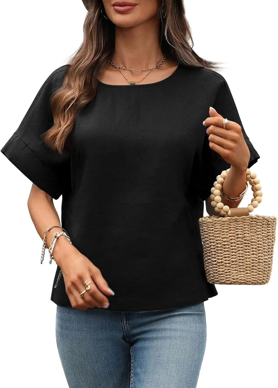 Women's Linen Shirt 100% Linen Oversize Blouse Short Sleeve Crew Neck Loose Fit Tshirt
