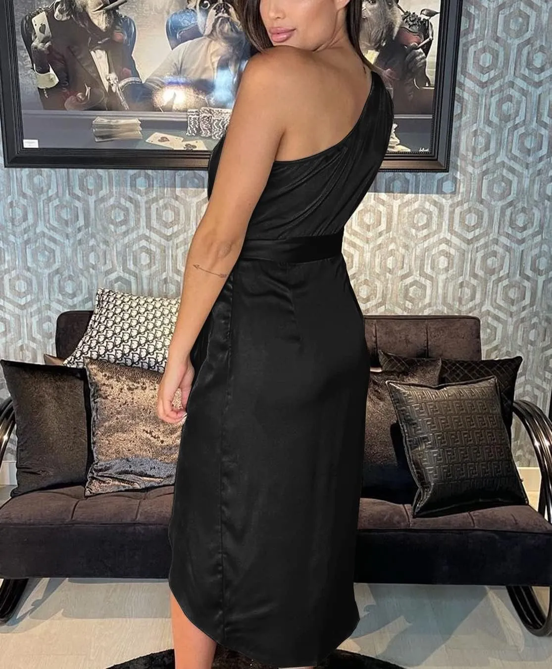 Women's One Shoulder Satin Dress Ruched Bodycon Dress Asymmetrical Split Dress Wrap Belted Tea Party Midi Pencil Dresses