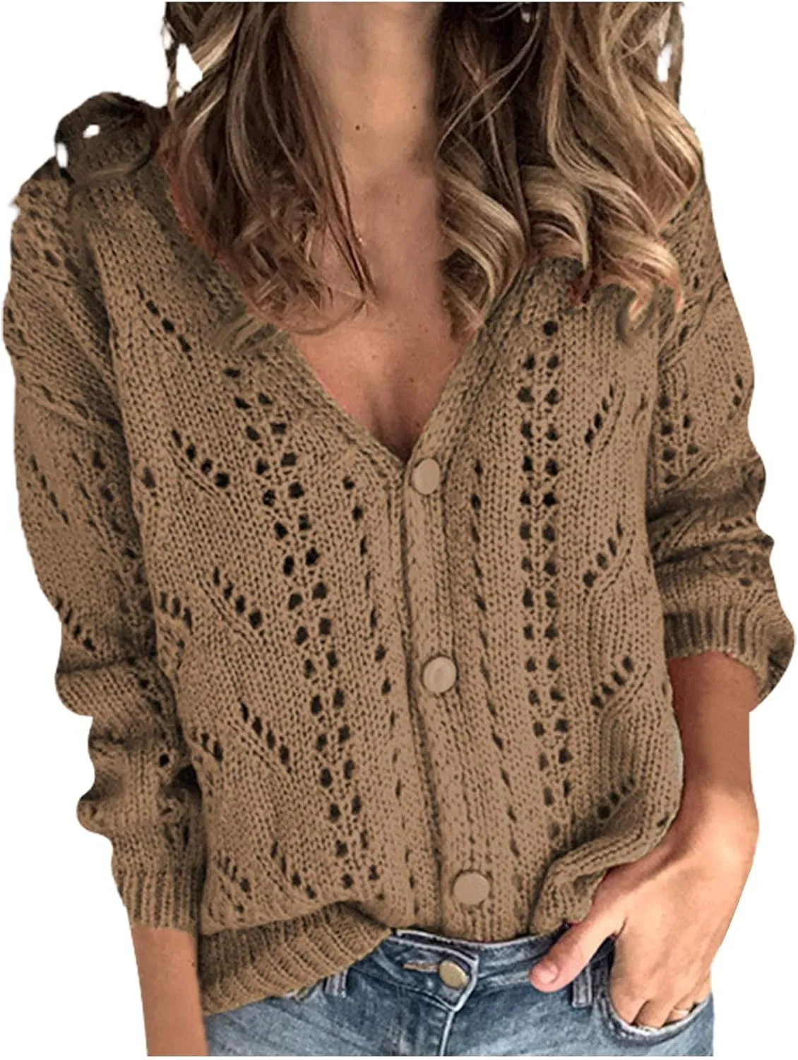 Women's Open Front Cardigan Buttons Hollow Out Cardigan Sweater Casual Soft Drape Fall Cardigan Women's 2024 Fall