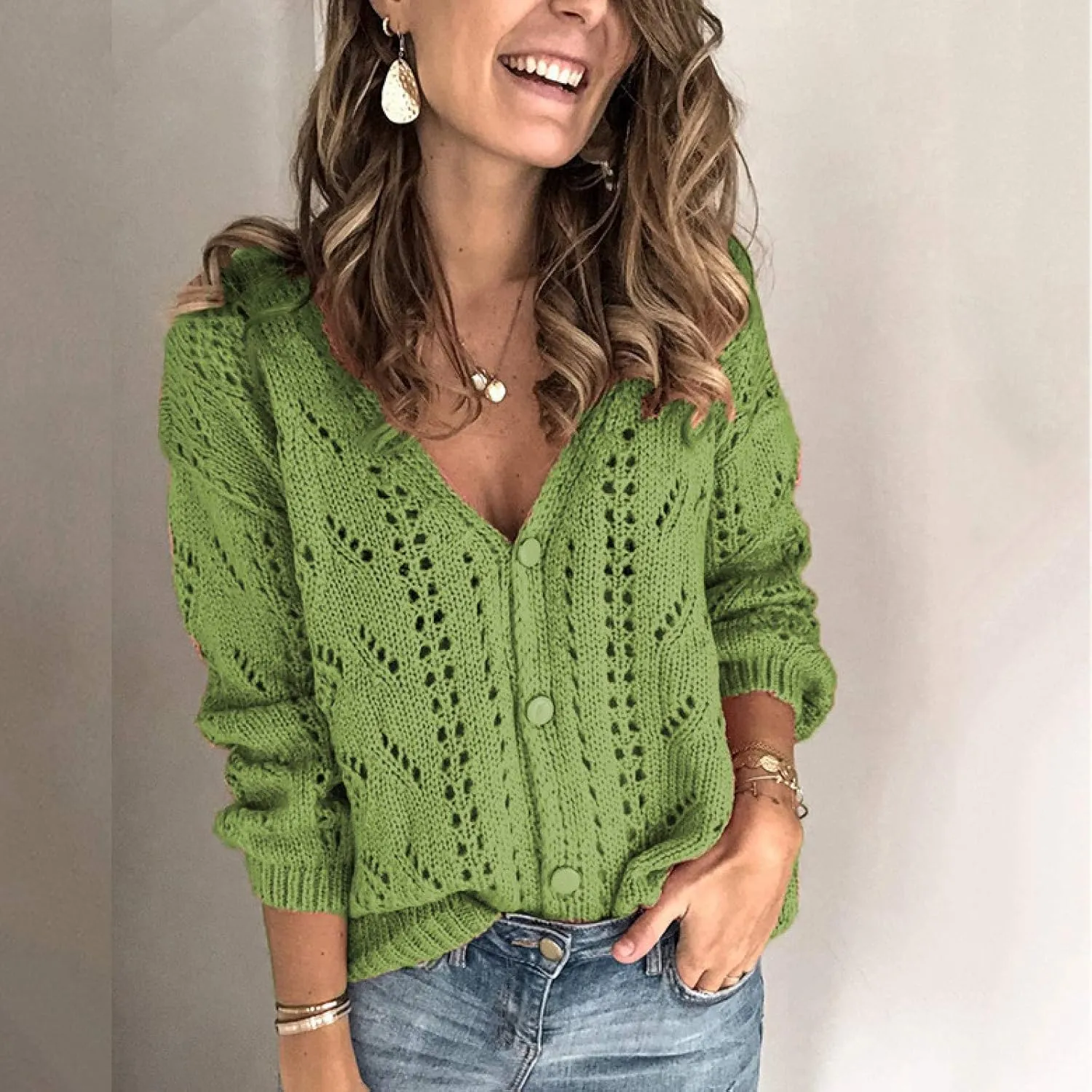 Women's Open Front Cardigan Buttons Hollow Out Cardigan Sweater Casual Soft Drape Fall Cardigan Women's 2024 Fall