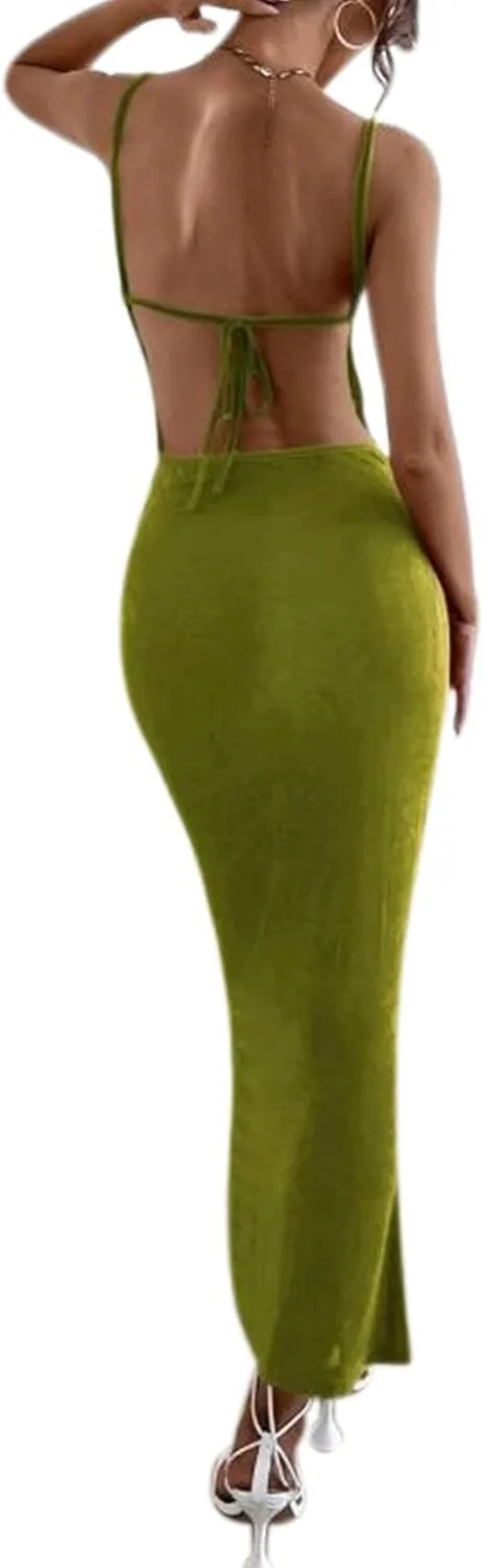Women's Sexy Backless Maxi Dress Bodycon Elegant Ruched Sleeveless Evening Dress Long Cocktail Party Dress