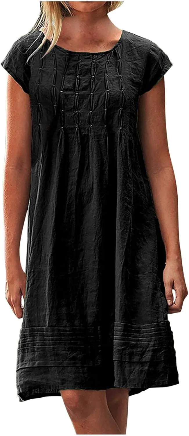 Womens Shirt Dress 2024 Cotton Linen Short Sleeve Crewneck Mini Dress Ruffle Slim Casual Summer Dress