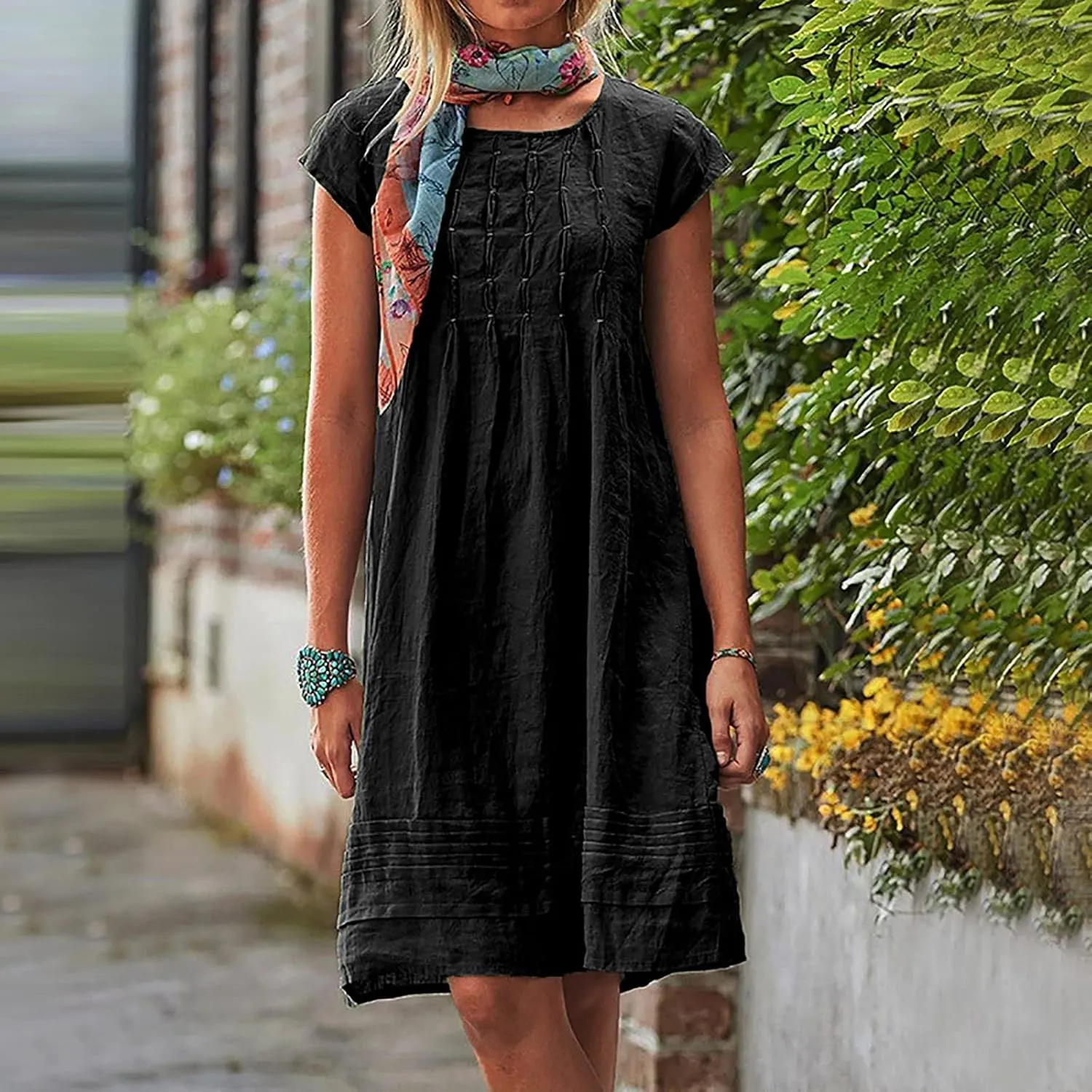 Womens Shirt Dress 2024 Cotton Linen Short Sleeve Crewneck Mini Dress Ruffle Slim Casual Summer Dress