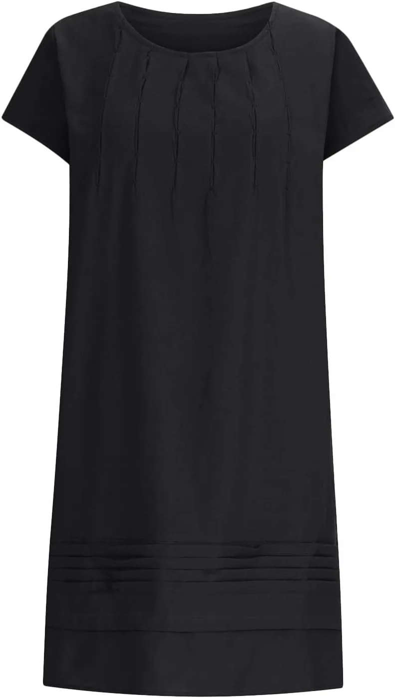 Womens Shirt Dress 2024 Cotton Linen Short Sleeve Crewneck Mini Dress Ruffle Slim Casual Summer Dress