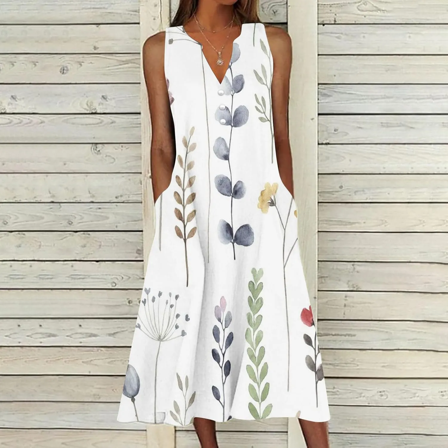 Womens Summer Design Casual Dress Fashion Floral Printed Elegant Dress Sleeveless V-Neck Long Dress with Pockets