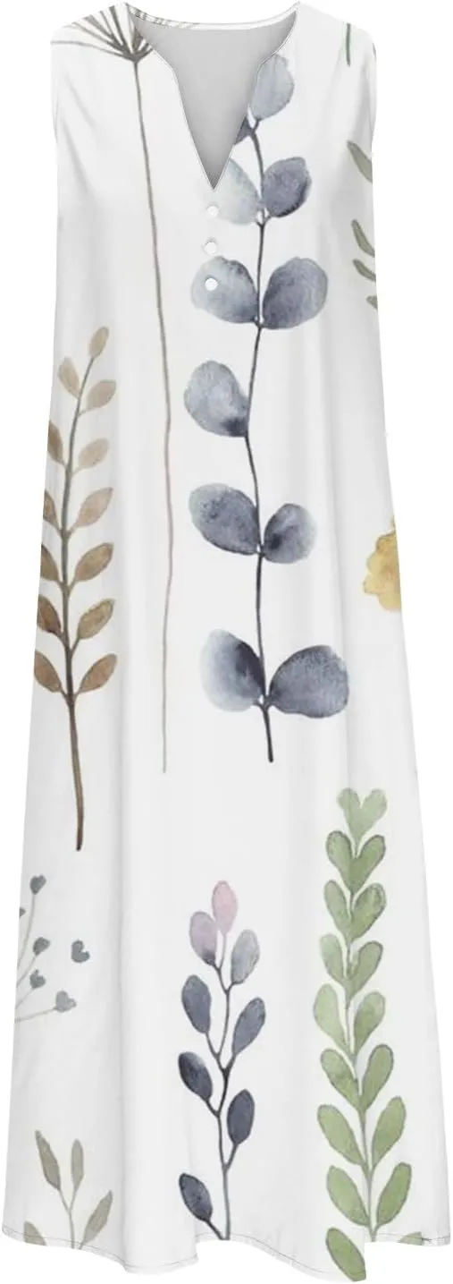 Womens Summer Design Casual Dress Fashion Floral Printed Elegant Dress Sleeveless V-Neck Long Dress with Pockets