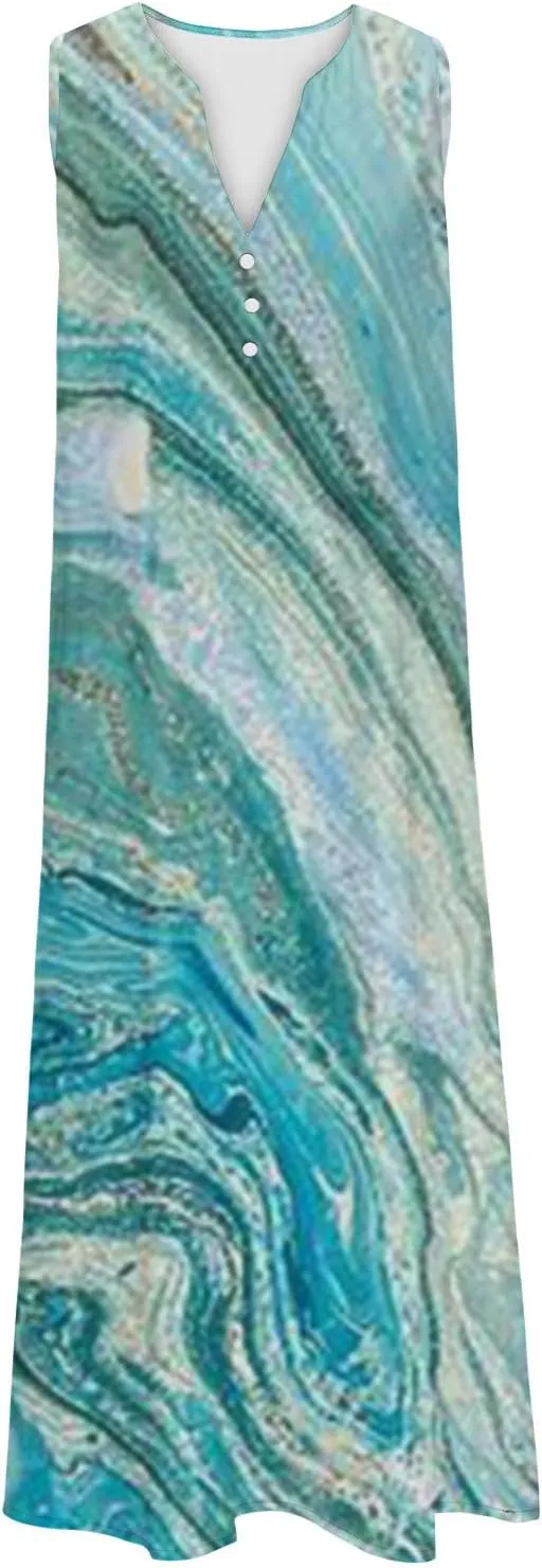 Women's Summer Design Casual Dress Hawaiian Beach Maxi Dress Sleeveless V-Neck Flowy Long Dress with Pockets