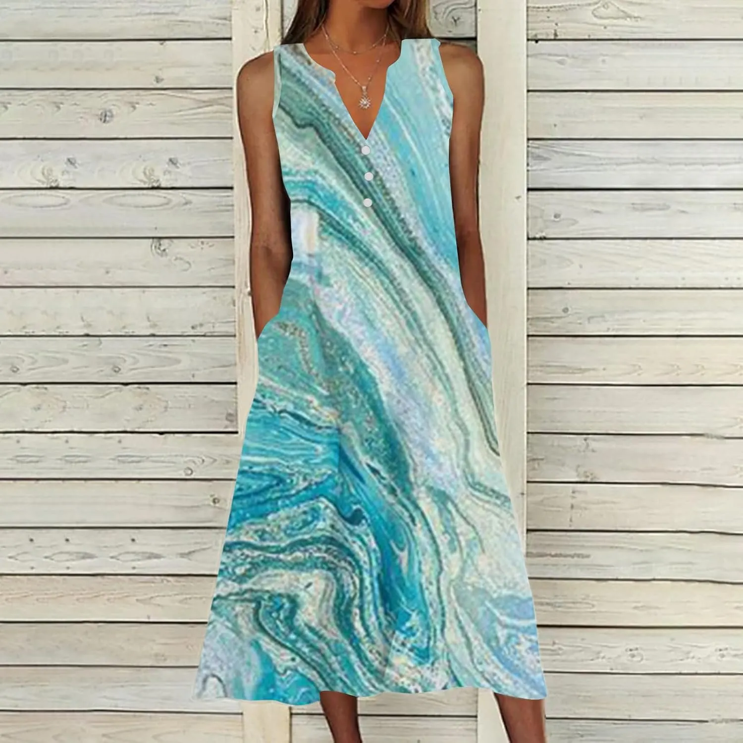 Women's Summer Design Casual Dress Hawaiian Beach Maxi Dress Sleeveless V-Neck Flowy Long Dress with Pockets