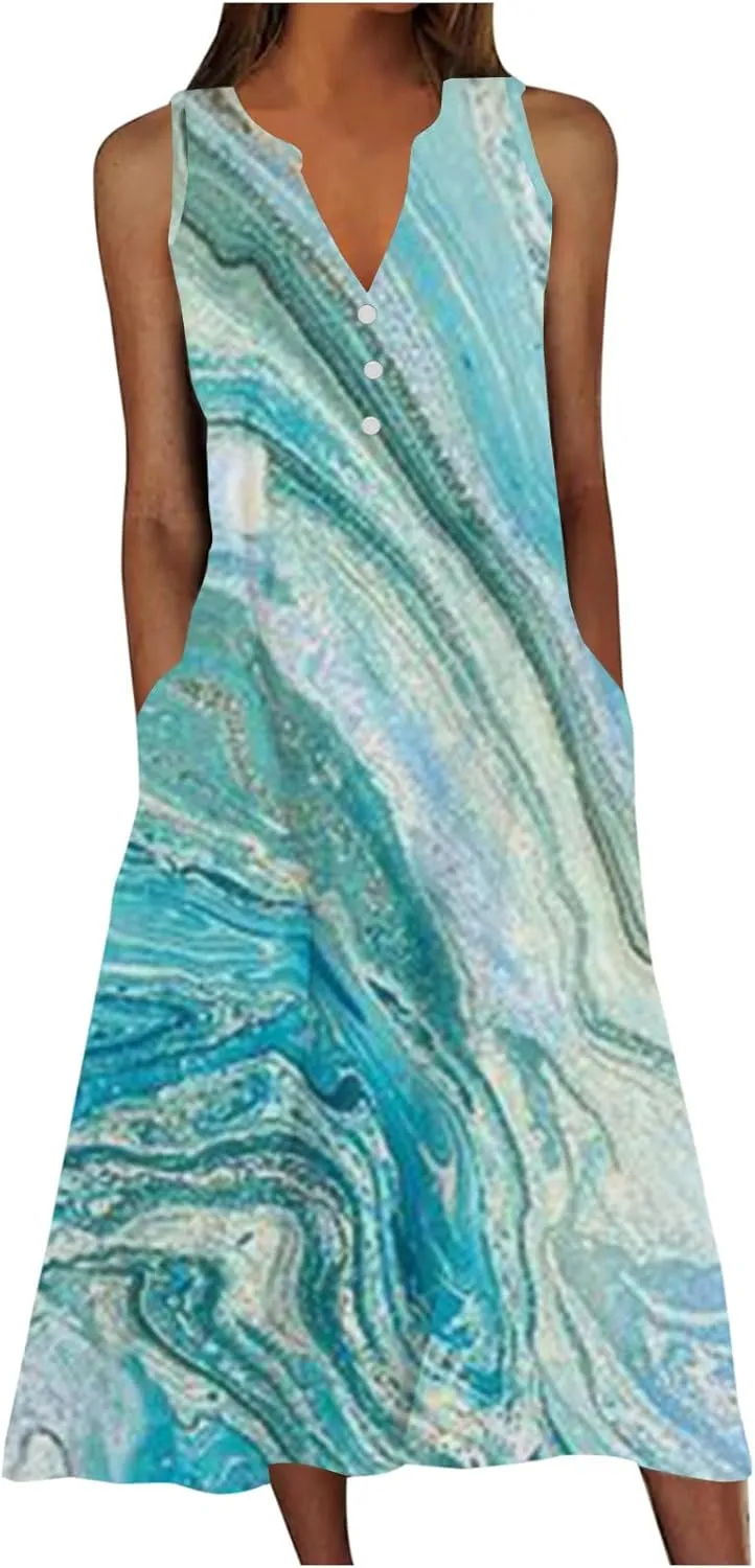 Women's Summer Design Casual Dress Hawaiian Beach Maxi Dress Sleeveless V-Neck Flowy Long Dress with Pockets