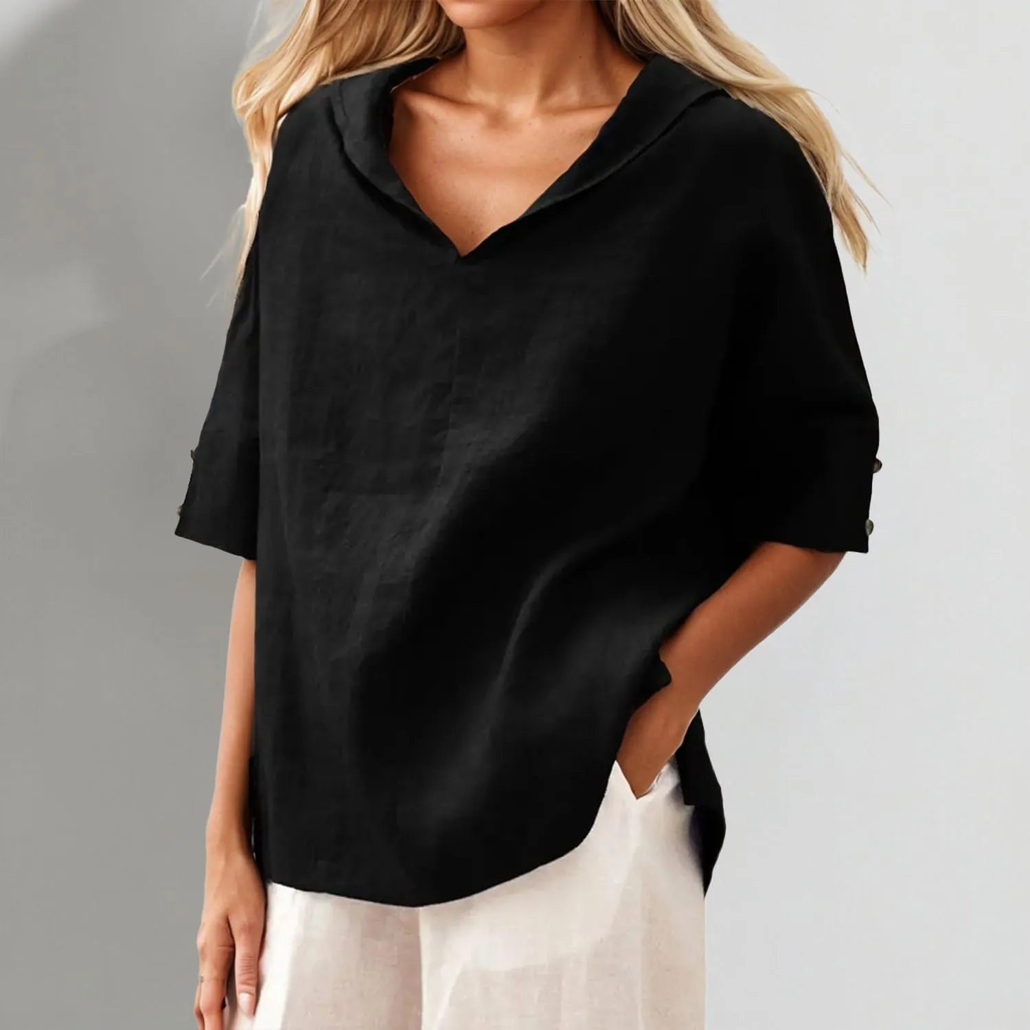 Women's Summer Hoodies Top T-Shirt Cotton Linen Half Sleeve V Neck Casual Loose Lightweight Tunic Blouse