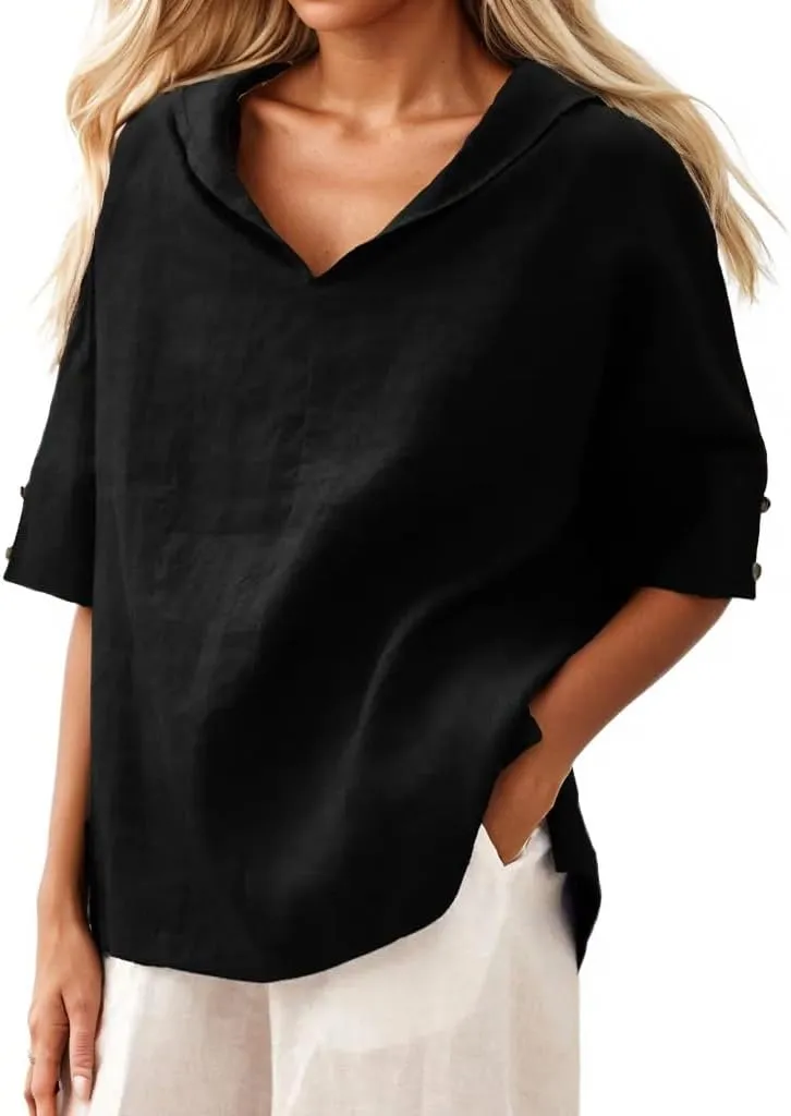 Women's Summer Hoodies Top T-Shirt Cotton Linen Half Sleeve V Neck Casual Loose Lightweight Tunic Blouse