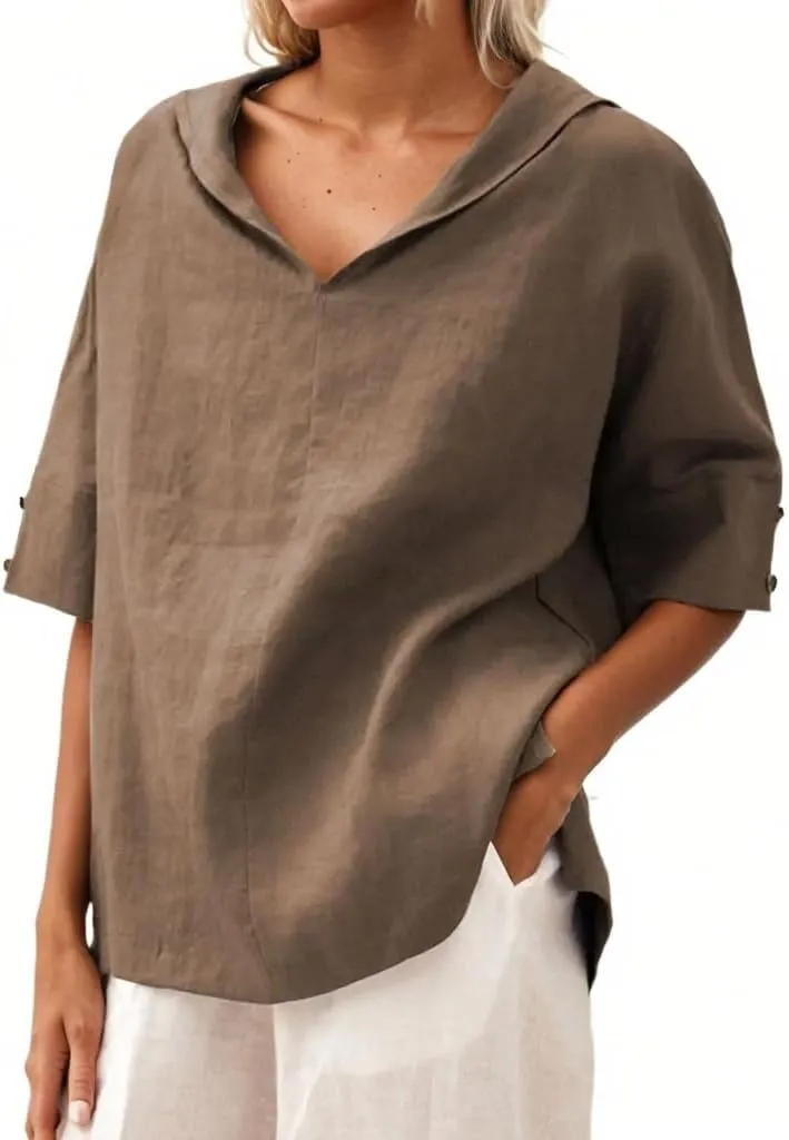 Women's Summer Hoodies Top T-Shirt Cotton Linen Half Sleeve V Neck Casual Loose Lightweight Tunic Blouse