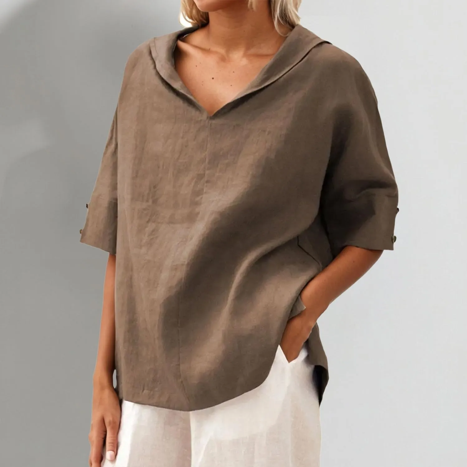 Women's Summer Hoodies Top T-Shirt Cotton Linen Half Sleeve V Neck Casual Loose Lightweight Tunic Blouse