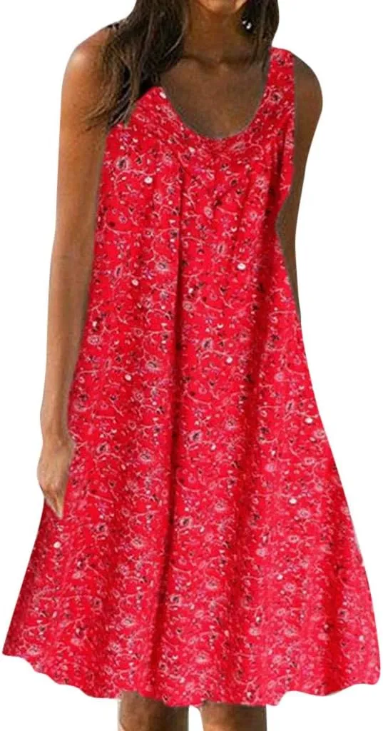 Womens Summer Sleeveless Minn Dress Women's Spring/Summer Flower Printed Casual Tank Top Pockets Beach Casual Dress