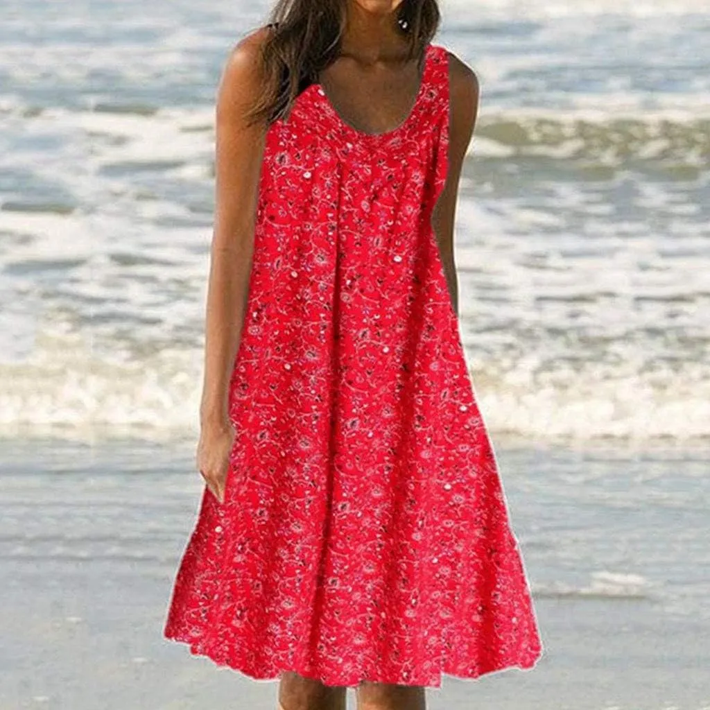 Womens Summer Sleeveless Minn Dress Women's Spring/Summer Flower Printed Casual Tank Top Pockets Beach Casual Dress