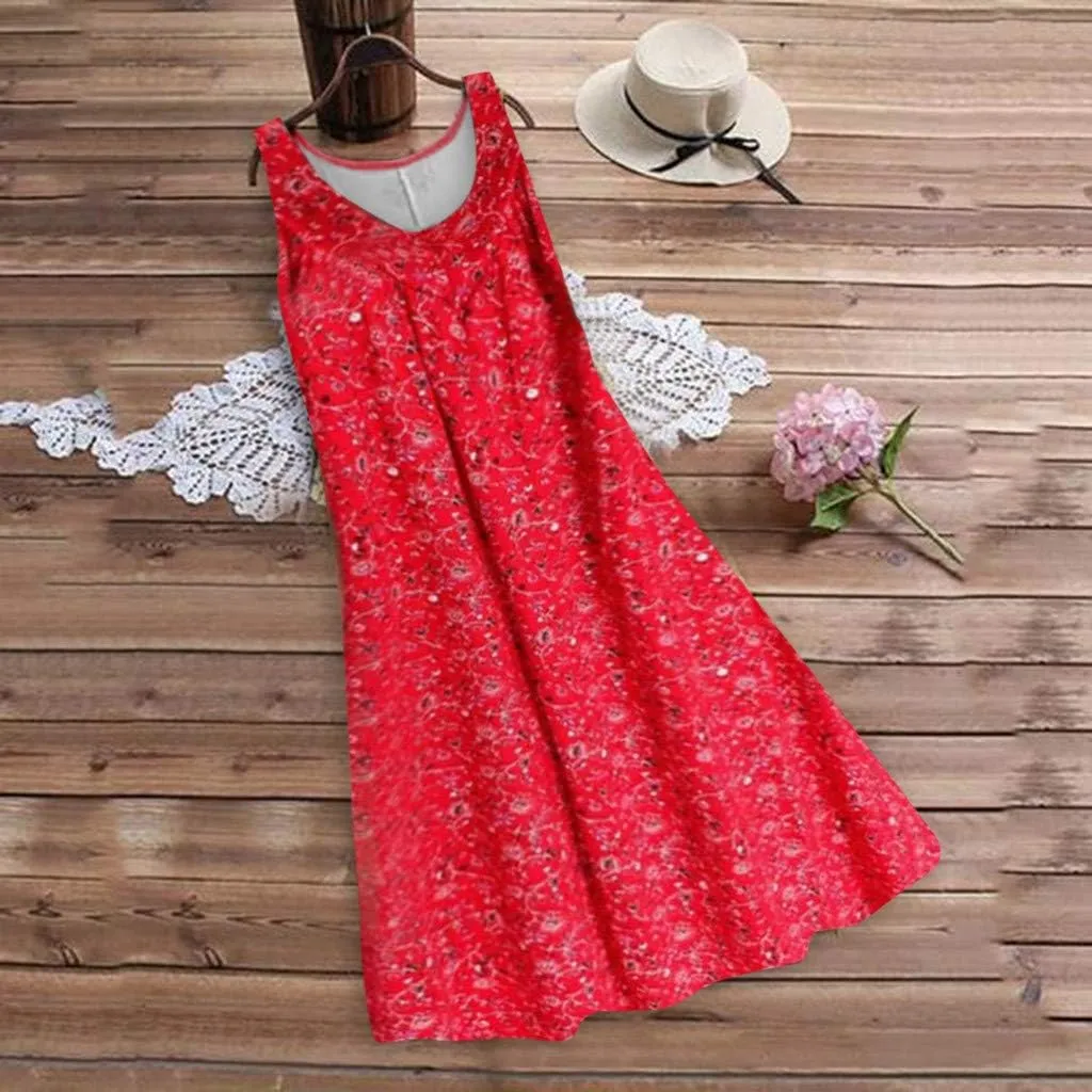 Womens Summer Sleeveless Minn Dress Women's Spring/Summer Flower Printed Casual Tank Top Pockets Beach Casual Dress