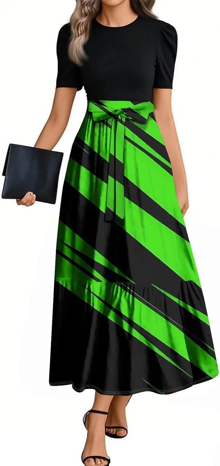 ZEFOTIM Women's Maxi Dress Elegant Floral/Geometric Dress Short Sleeve Crew Neck Dresses with Belt