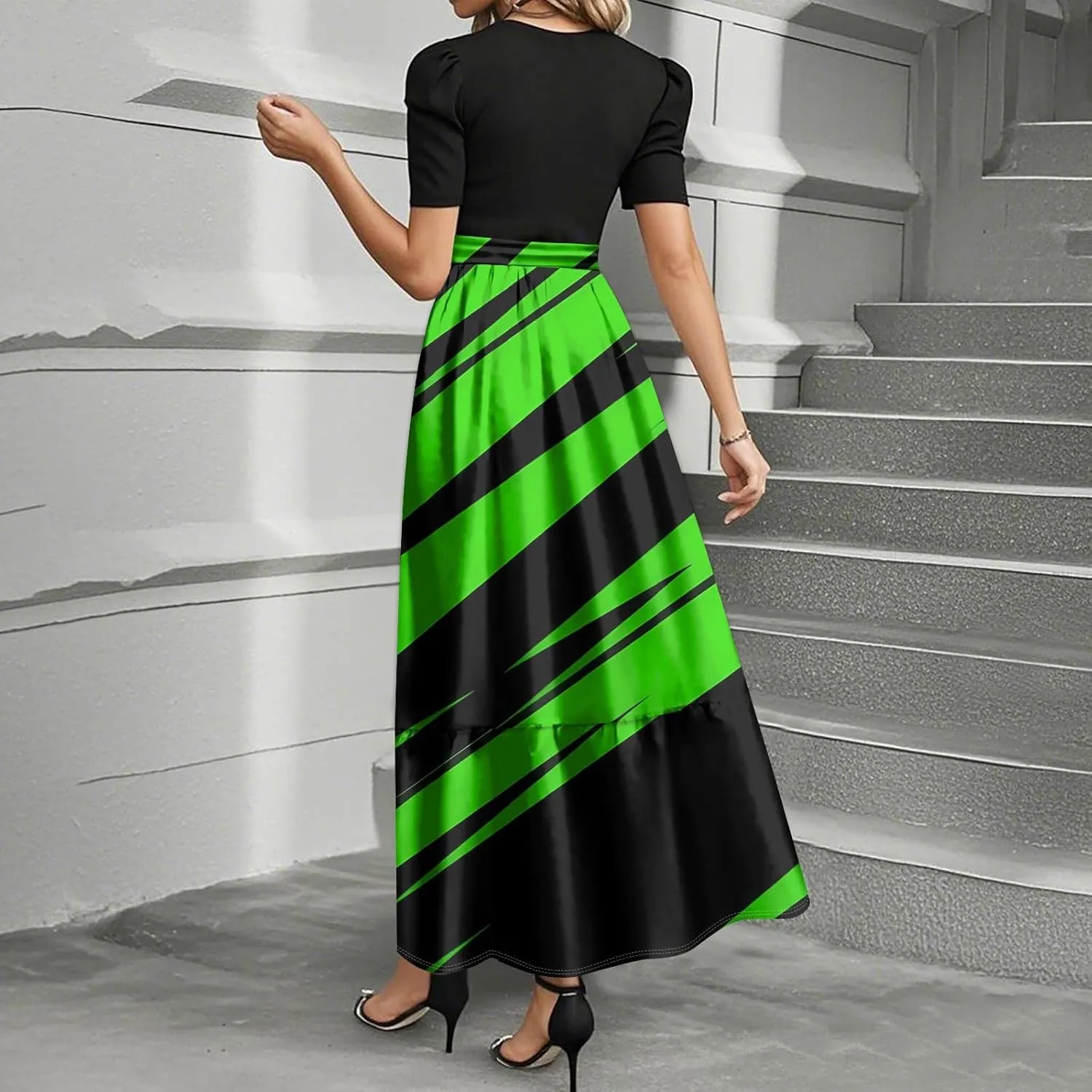 ZEFOTIM Women's Maxi Dress Elegant Floral/Geometric Dress Short Sleeve Crew Neck Dresses with Belt